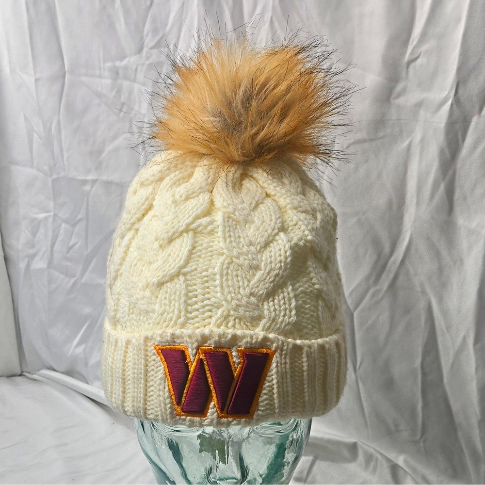 NFL Washington Commanders Women's  White Cable Knit Pom Beanie Hat W Patch